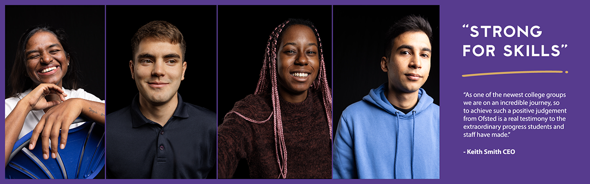 Strong for Skills image with 4 HRUC Be Extraordinary students - female smiling with eyes closed sitting on a blue chair, male looking away from camera wearing a black shirt, female with pink braids smiling, male in blue hoodie.