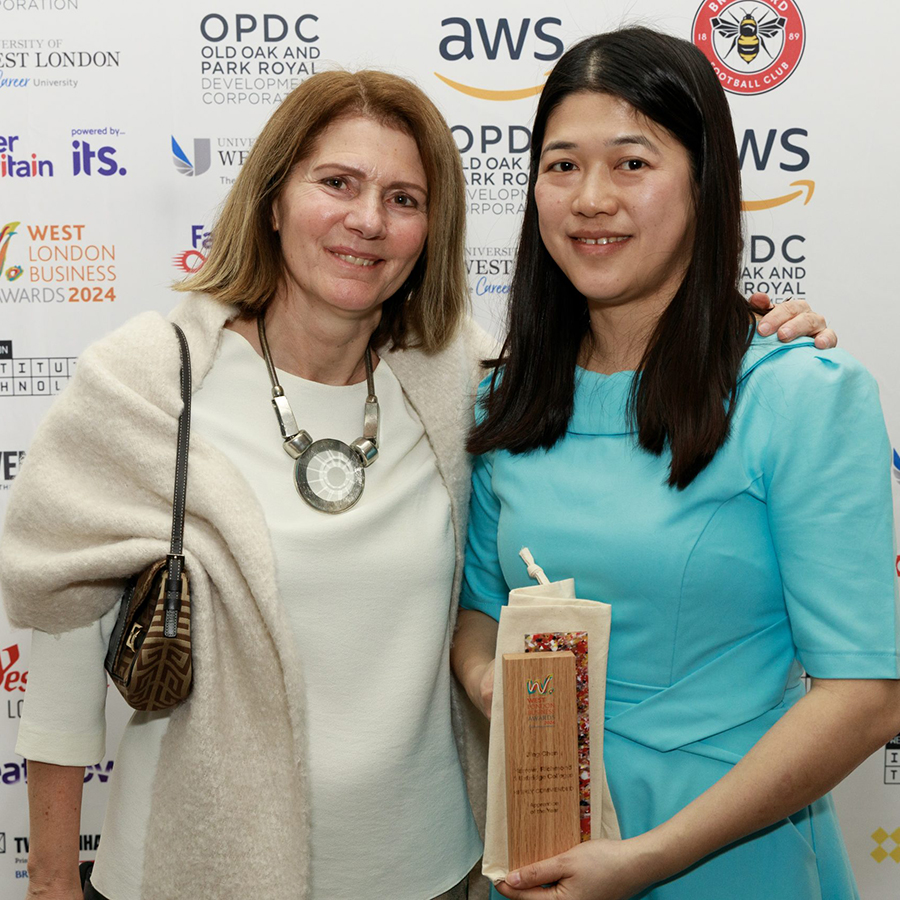 Jing Chen (right), highly commended recipient of the 2024 West London Business Award Apprentice of the Year and Therese Lorphevre (left) - Head of School - English, ESOL, Maths  